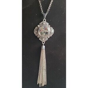 NWOT Silvertone Tassel Interchangeable Snap Tree Of Life 22" Necklace